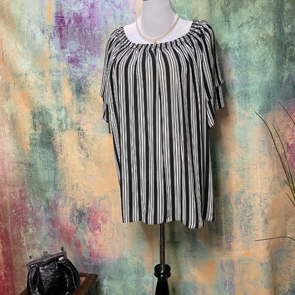 📌 Violet & Claire Carmen Style striped Blouse with wide Short Sleeves - Picture 1 of 10
